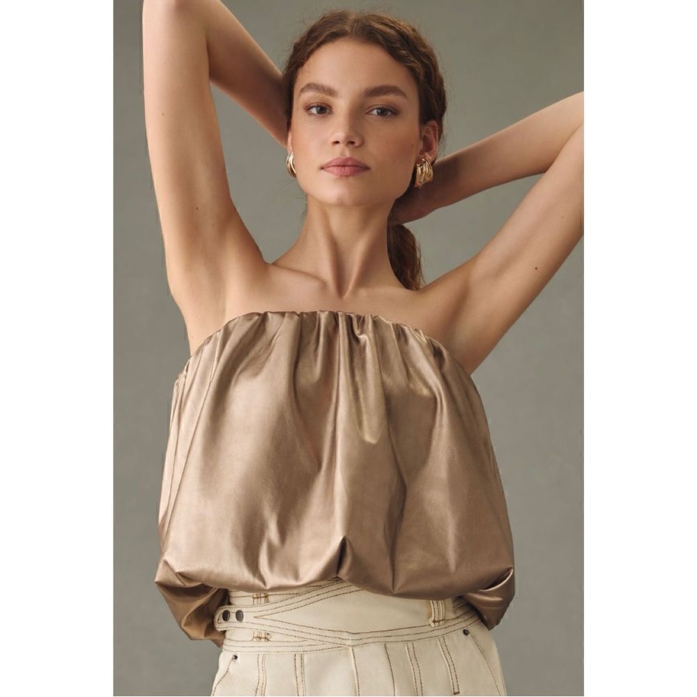NEW Anthropologie 4SI3NNA Bronze Faux-Leather Strapless Bubble Top Blouse Large